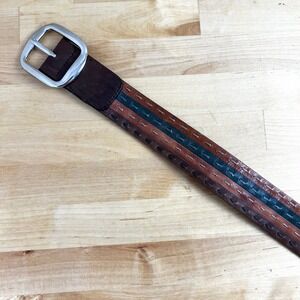 Cole Haan Leather Belt Multi Color Striped Stitching Silver Buckle Mens Size 34